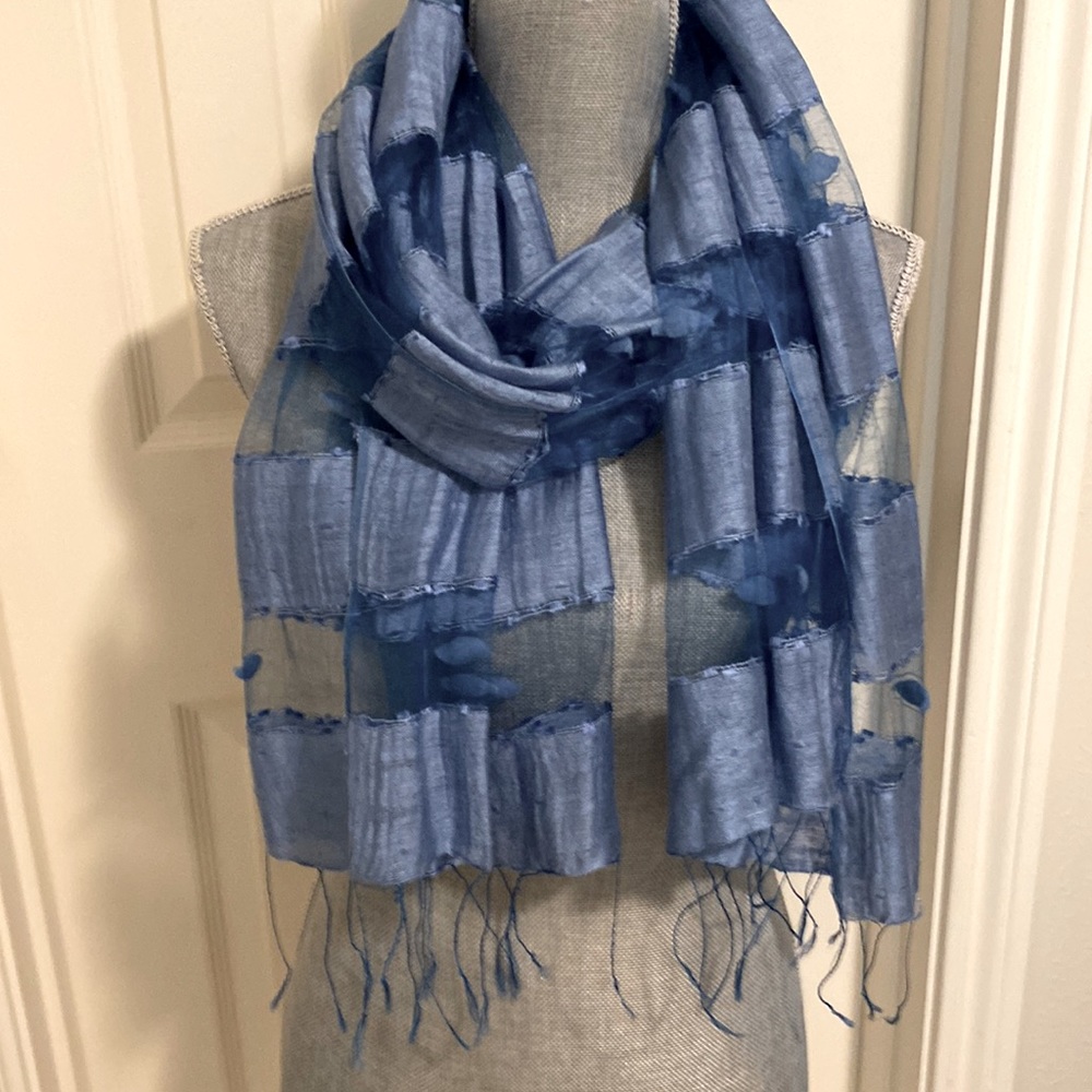 Raw Silk and chiffon fringed scarf. 6 ft total length by 24” wide.